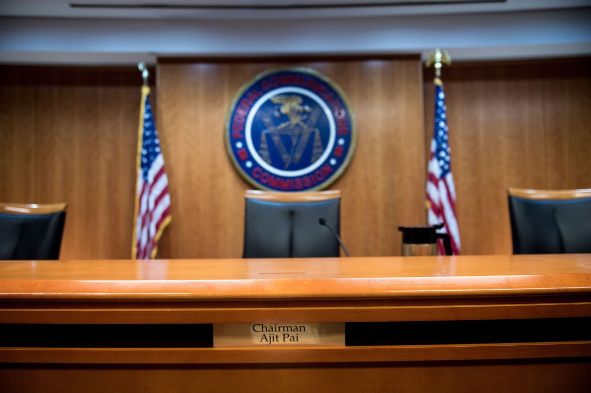 A view of the commission's hearing room before a hearing at the Federal Communications Commission.