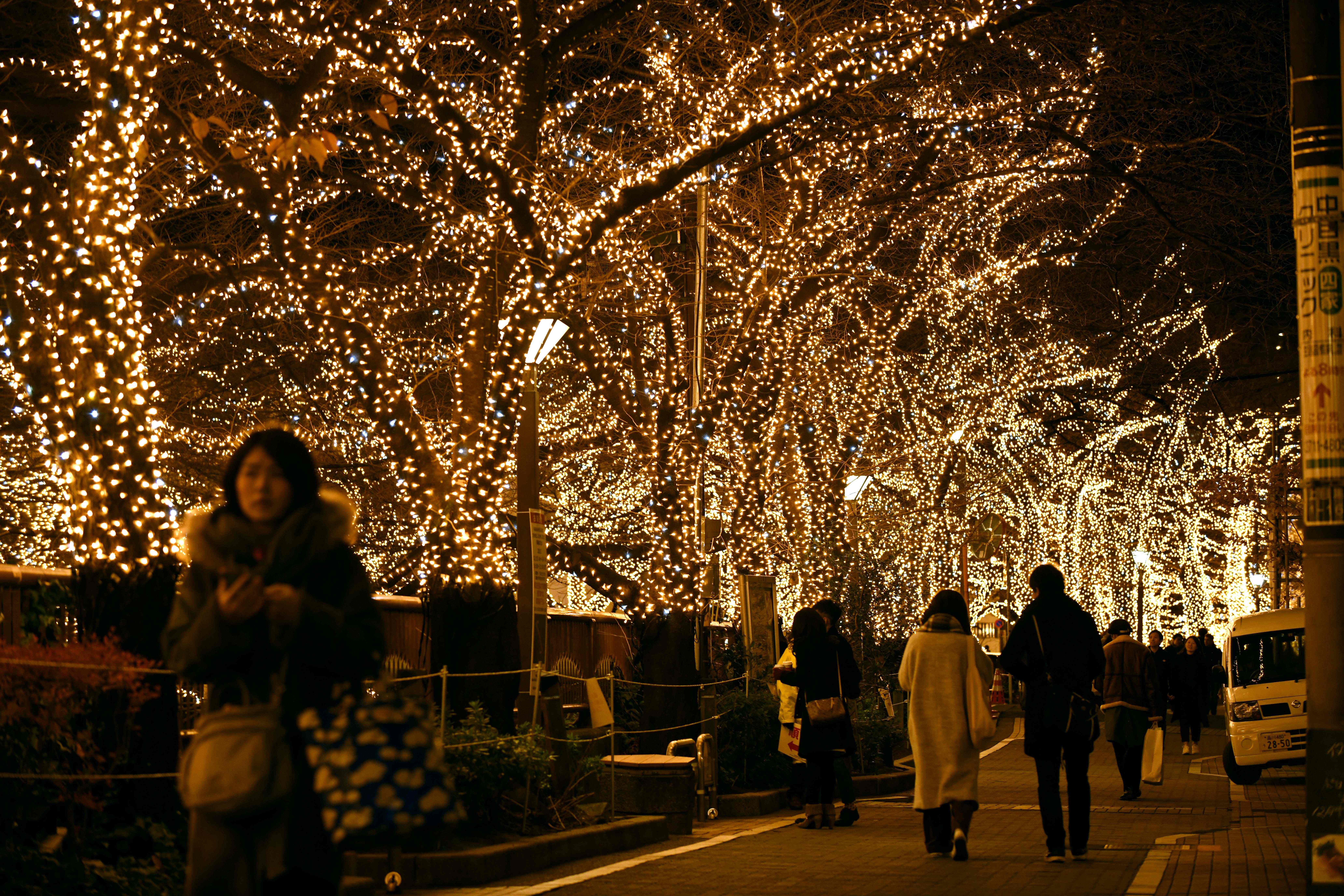 People admire Christmas illuminations along the Meguro River in Tokyo, Japan, on December 17th, 2017. The illuminations, which encompass some 500,000 LED lights, will be displayed until December 24th.