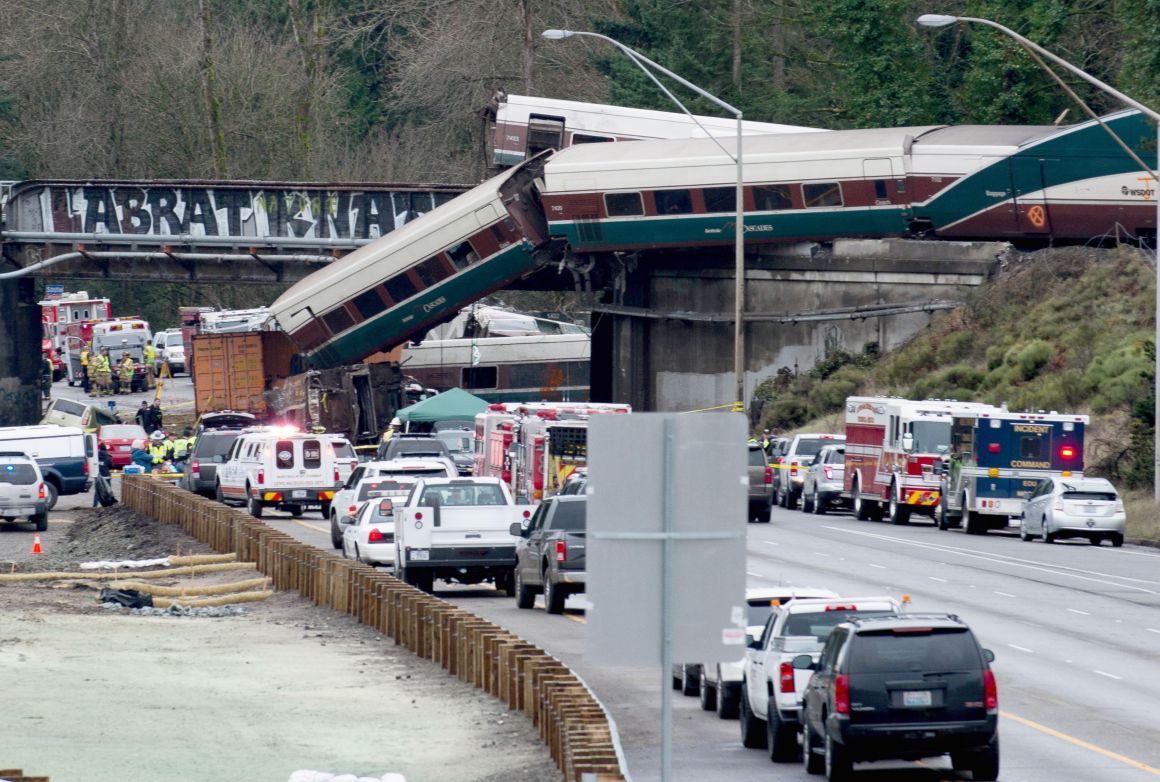 An Amtrak high-speed train derailed from an overpass early December 18th, 2017, near the city of Tacoma, Washington.