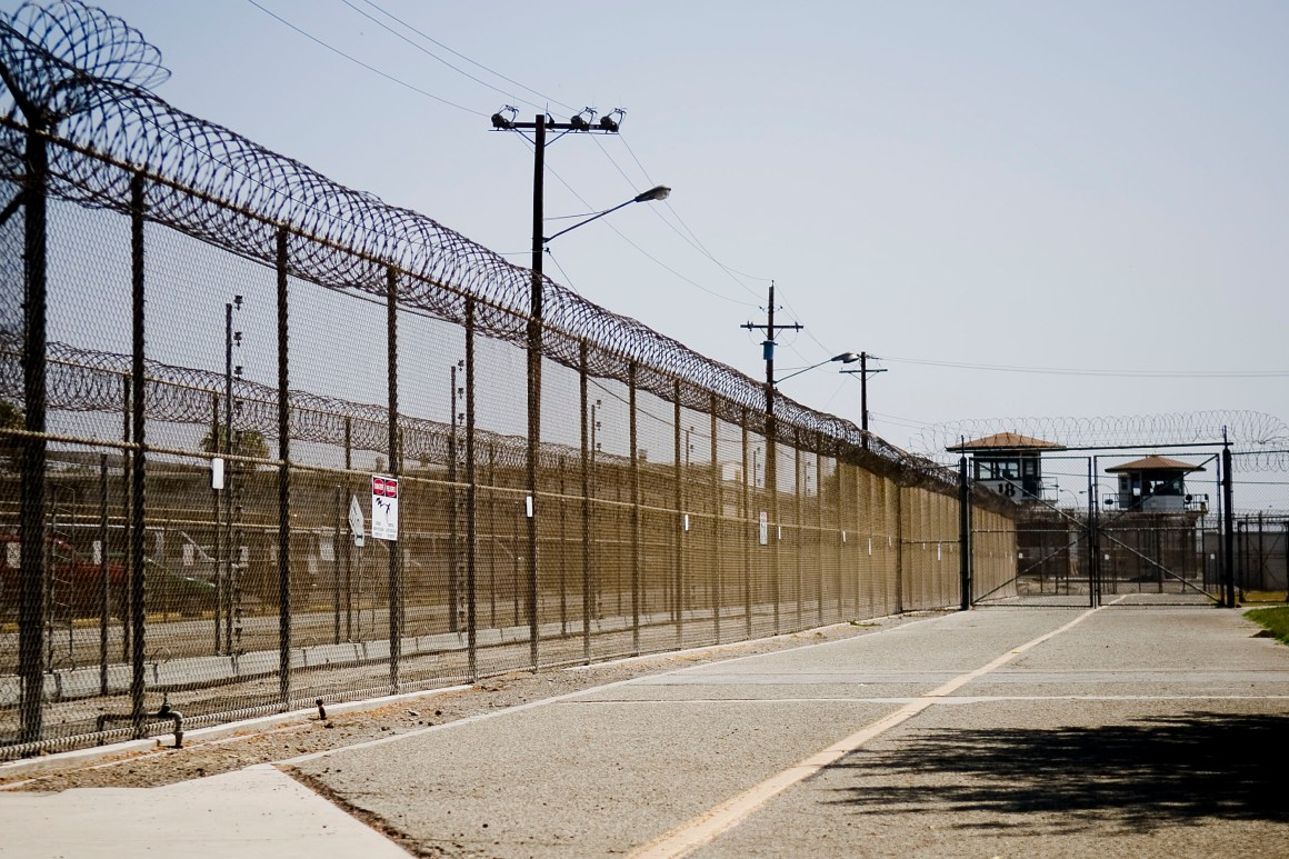 The California Institution for Men prison fence in Chino, California.