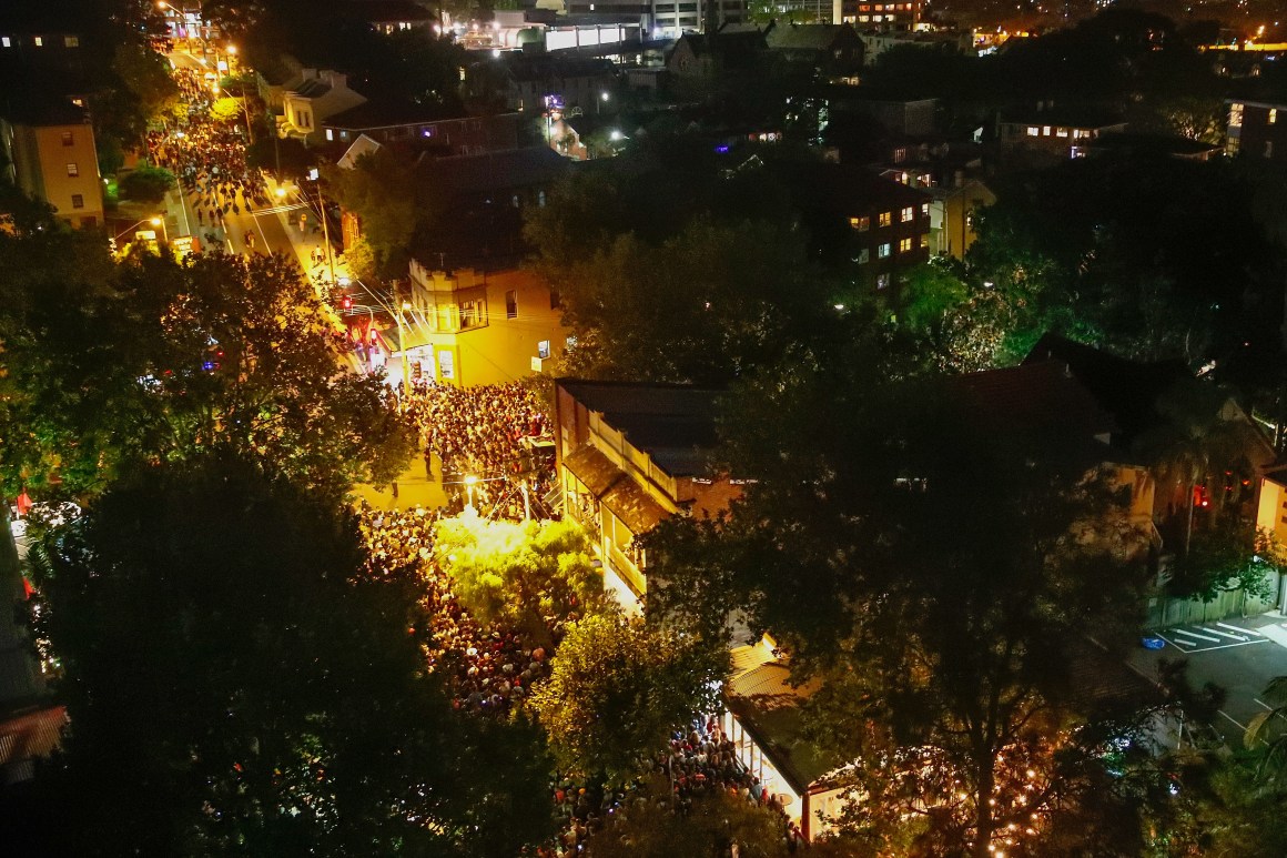 Crowds of people pack the streets as they leave McMahons Point after viewing the midnight fireworks display on New Year's Eve in Sydney, Australia. Sydney New Year's Eve is an annual multi-tiered program held every year that is regularly viewed by more than one million people surrounding the harbor and one billion people worldwide through televised events.