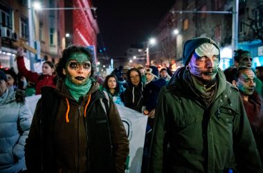 Environmentalists attend a demonstration on January 11th, 2018, in Sofia, Bulgaria, to protest recent changes in the management plan of the country's Pirin National Park.