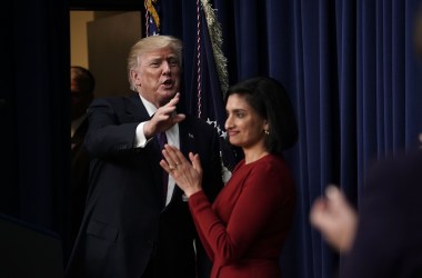 President Donald Trump and Centers for Medicare and Medicaid Services Administrator Seema Verma appear at the South Court Auditorium of the Eisenhower Executive Office Building on January 18th, 2018, in Washington, D.C.