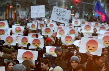 Students hold up signs with angry emoticons to protest against the education policy of the government at the Parliament building in Budapest, Hungary, on January 19th, 2018.