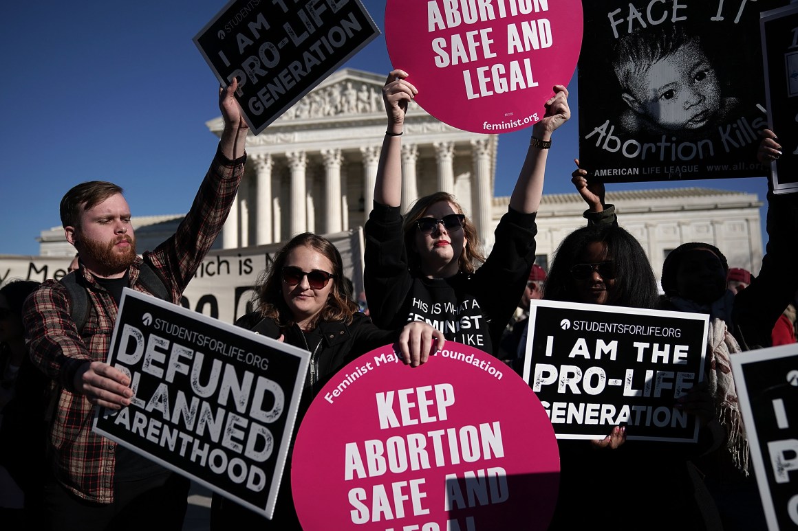 Activists hold signs in front of the the United States Supreme Court during the 2018 March for Life on January 19th, 2018, in Washington, D.C.