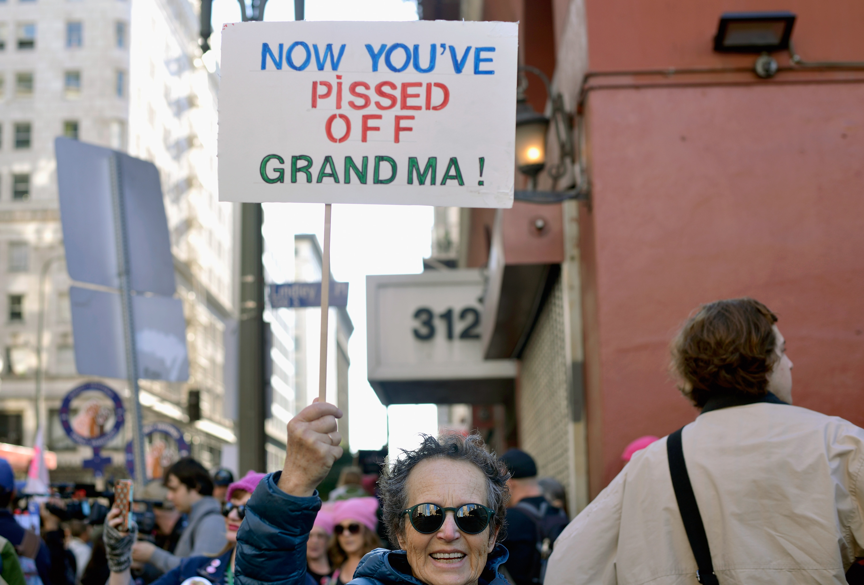 Participants rally during the Women's March on January 20th, 2018, in Los Angeles, California.