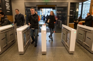 Shoppers scan the Amazon Go app on the mobile devices as the enter the Amazon Go store, on January 22nd, 2018, in Seattle, Washington.