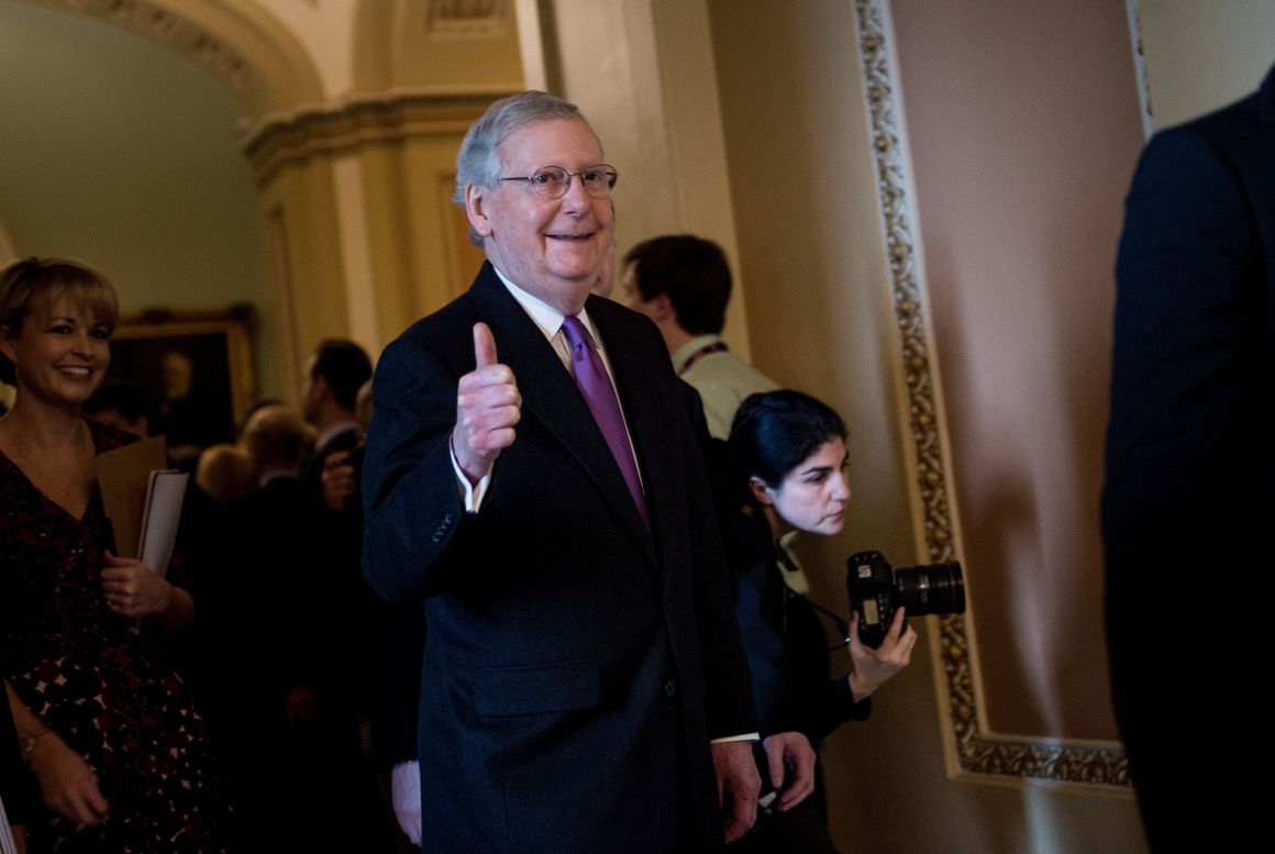 Senate Majority Leader Mitch McConnell walks from a vote on Capitol Hill after the senate voted to advance a bill financing the government on January 22nd, 2018, in Washington, D.C.