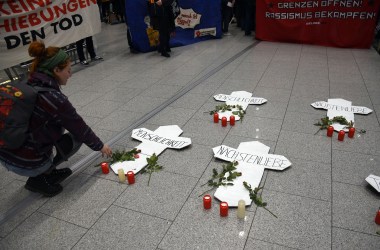 People protest against the deportation flight of refugees to Afghanistan at the airport in Düsseldorf, Germany, on January 23rd, 2018.