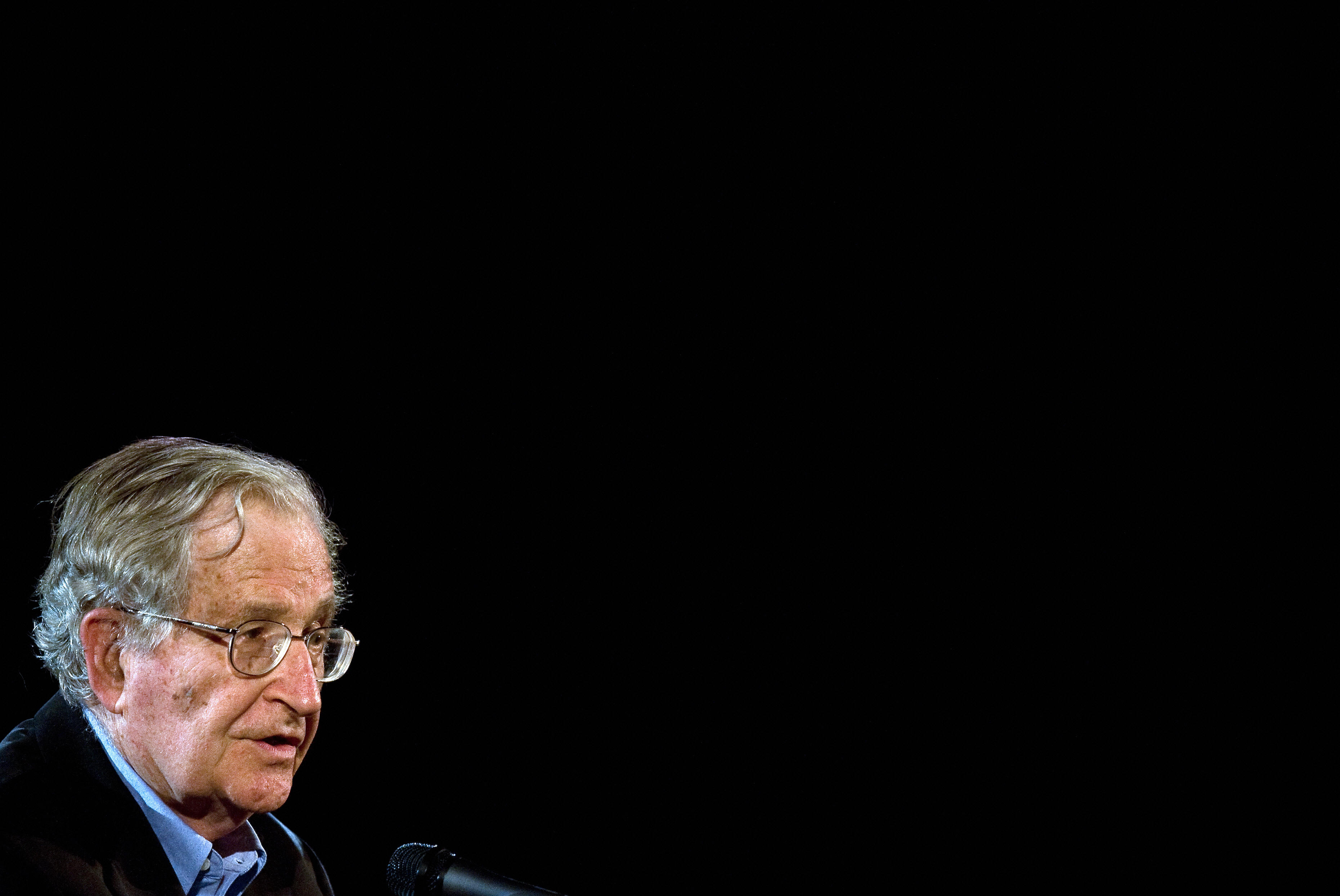 American linguist, philosopher, and political activist Noam Chomsky delivers a talk at the National Autonomous University of Mexico on September 21st, 2009, in Mexico City.