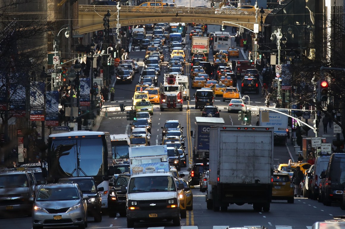 Traffic moves along 42nd Street in midtown Manhattan.