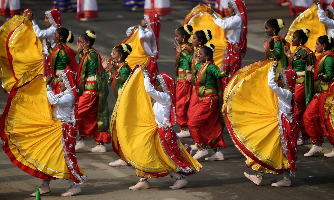 Students perform during India's 69th Republic Day Parade in New Delhi on January 26th, 2018.