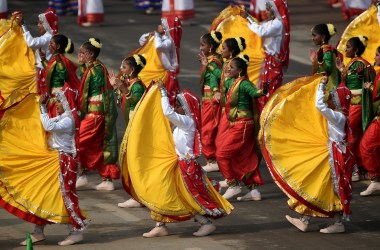 Students perform during India's 69th Republic Day Parade in New Delhi on January 26th, 2018.