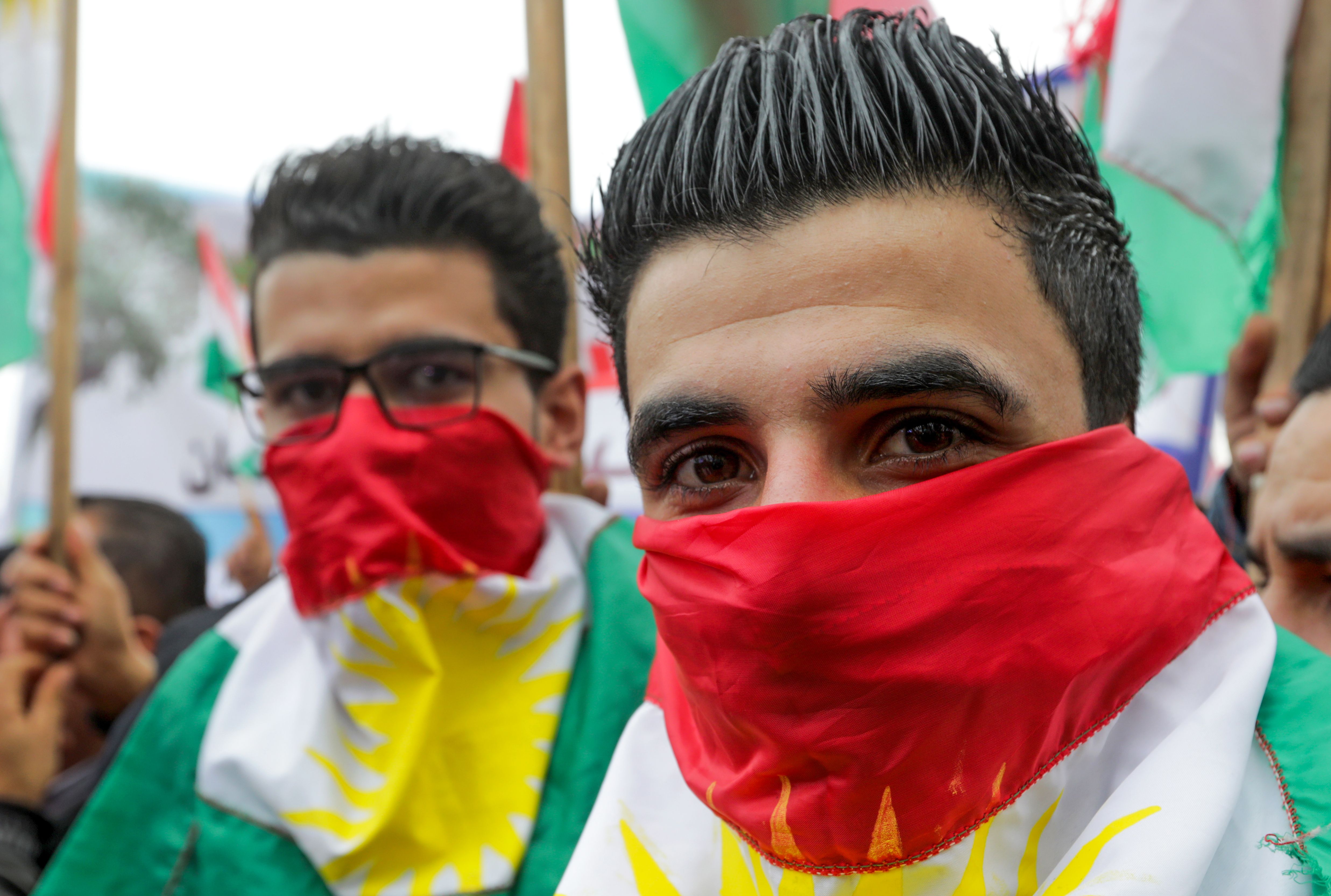 Lebanese Kurds take part in a protest near the European Commission offices in Beirut on January 28th, 2018, against the ongoing Turkish military campaign in the Kurdish-held Syrian enclave of Afrin. Turkey launched an offensive against the Kurdish People's Protection Units on January 20th in their enclave of Afrin, supporting Syrian rebels with airstrikes and ground troops.