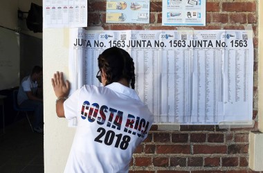 Valeria Gonzalez, 19, votes for the first time, at the Porfiro Brenes school in Moravia, San Jose, on February 4th, 2018. Polling stations opened in Costa Rica on Sunday for the first round of the Central American country's presidential election, which is being buffeted by a debate on gay marriage.