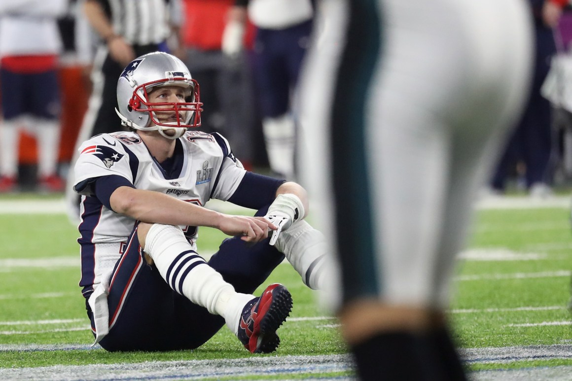 Tom Brady reacts after fumbling the ball during the fourth quarter against the Philadelphia Eagles in Super Bowl LII on February 4th, 2018, in Minneapolis, Minnesota.