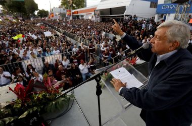 Andrés Manuel López Obrador delivers a speech during a rally in Guadalajara, Mexico, on February 11th, 2018.