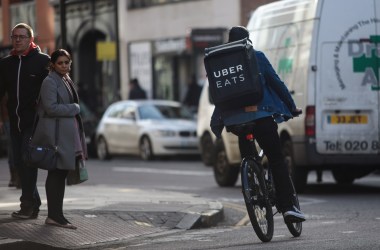 An UberEats rider cycles through London on February 16th, 2018.