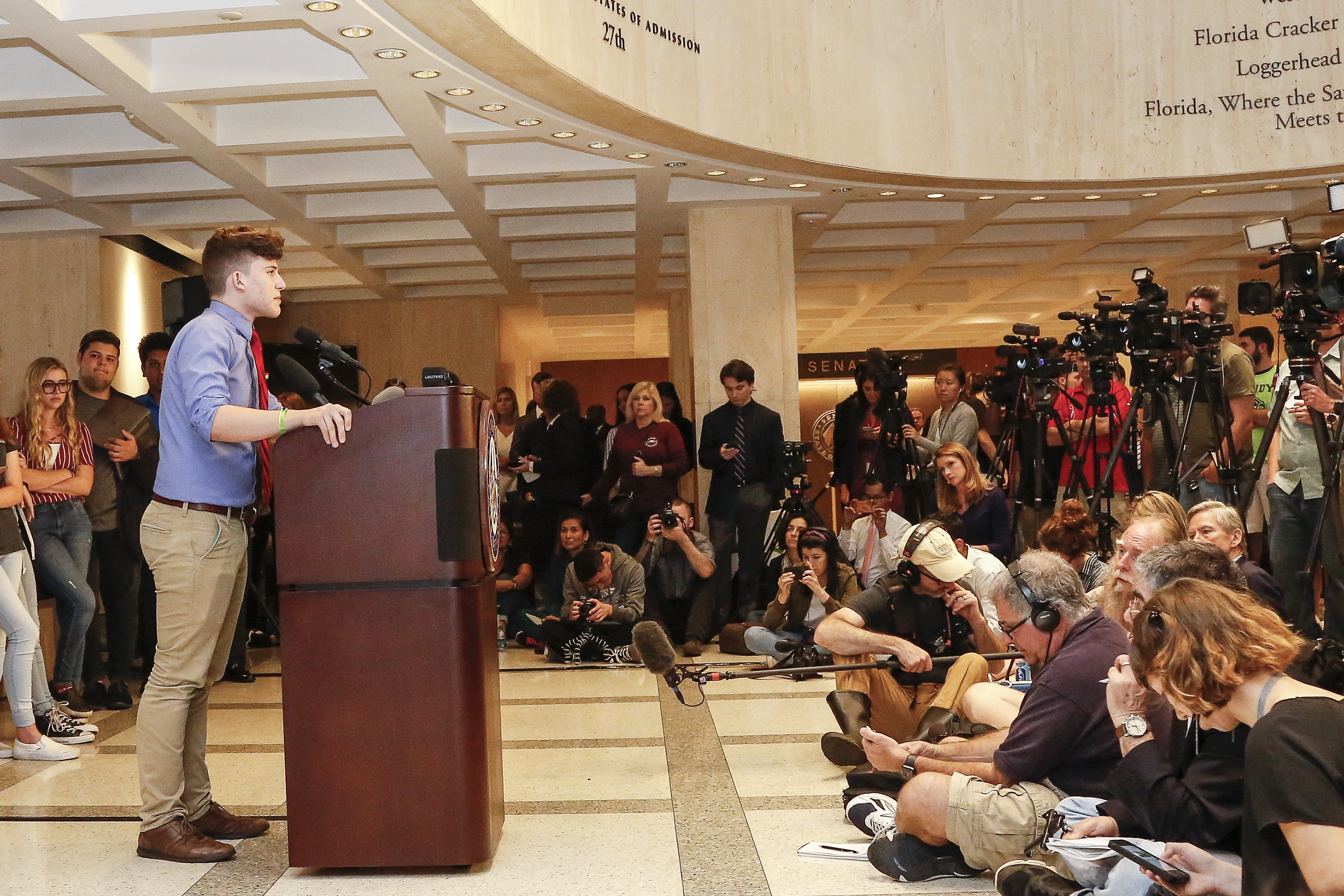 Kevin Trejos, a student from Marjory Stoneman Douglas High School, speaks at the Florida State Capitol building on February 21st, 2018, in Tallahassee, Florida.