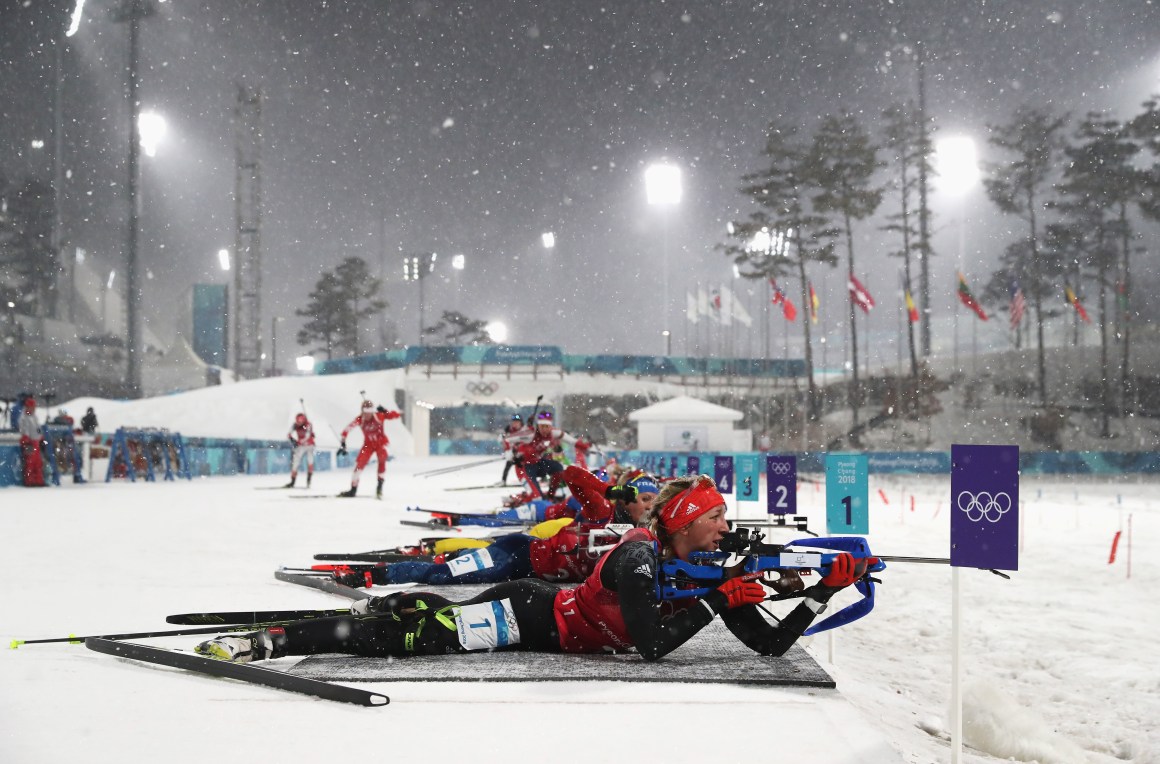 Franziska Preuss of Germany shoots during the women's biathlon 4x6-kilometer relay on day 13 of the PyeongChang 2018 Winter Olympic Games at Alpensia Biathlon Centre on February 22nd, 2018, in Pyeongchang-gun, South Korea.