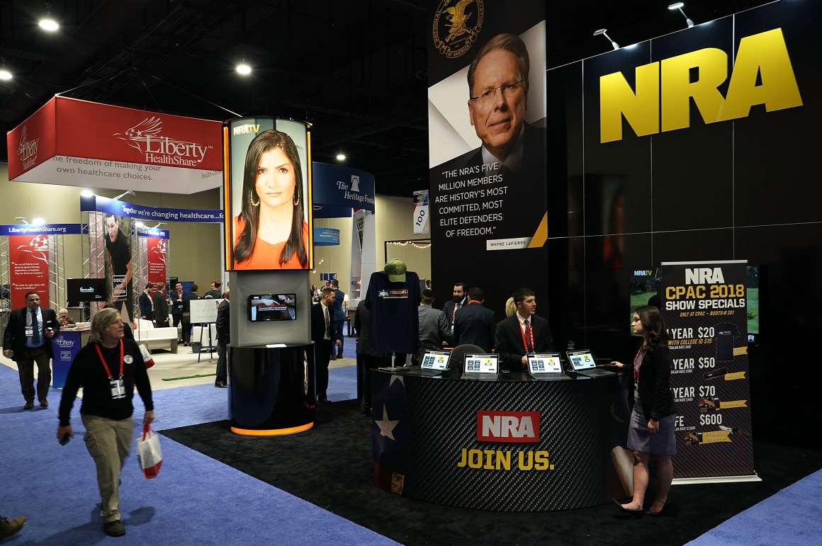 The National Rifle Association booth at the Conservative Political Action Conference in 2018.