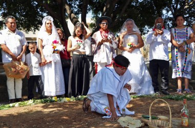 A group of environmental activists hold a traditional ceremony during an event called Marry a Tree, in the community of San Jacinto Amilpas, Mexico, on February 25th, 2018. Marry a Tree began as a ritual of giving thanks to Mother Earth carried out by the organization Bedani; it later gave way to a symbolic wedding based on Inca customs where women and men marry trees in a rite led by Peruvian actor and environmentalist Richard Torres.