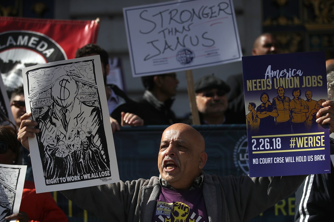 Hundreds of union members held a rally outside of San Francisco City Hall in February of 2018 as the Supreme Court began to hear oral arguments in the Janus case.