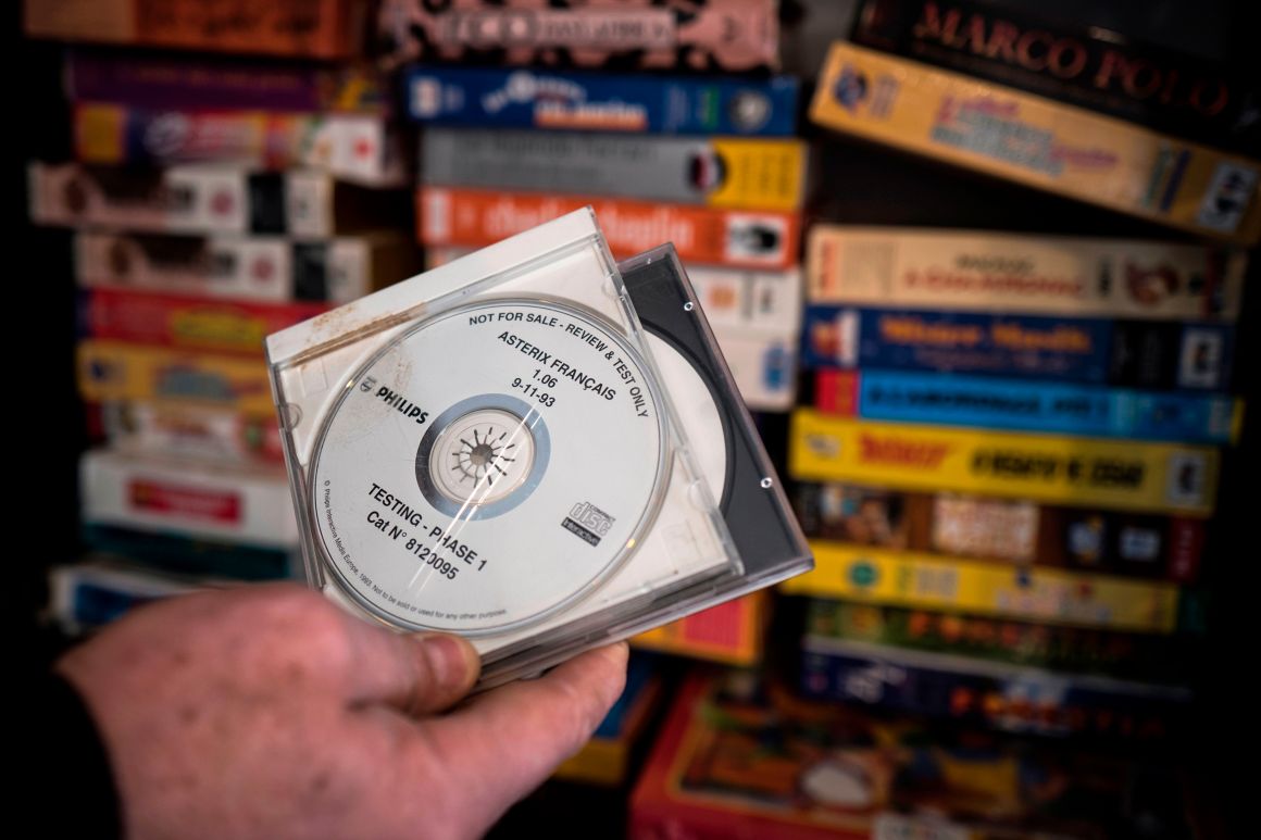 French video game pioneer Bertrand Brocard presents a video game compact disc, part of the collection of the French National Conservatory of Video Games, on February 20th, 2018. Brocard created the French National Conservatory of Video Games in 2016 to preserve items from the industry that have survived from the 1980s.