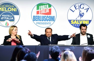 Leader of far-right party Brothers of Italy Giorgia Meloni, head of the center-right Forza Italia (Go Italy) Silvio Berlusconi, and leader of far-right party The League Matteo Salvini, give a joint press conference at the Tempio di Adriano in Rome.