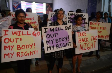 Women carry banners during a demonstration on March 5th, 2018, in Colombo, Sri Lanka.