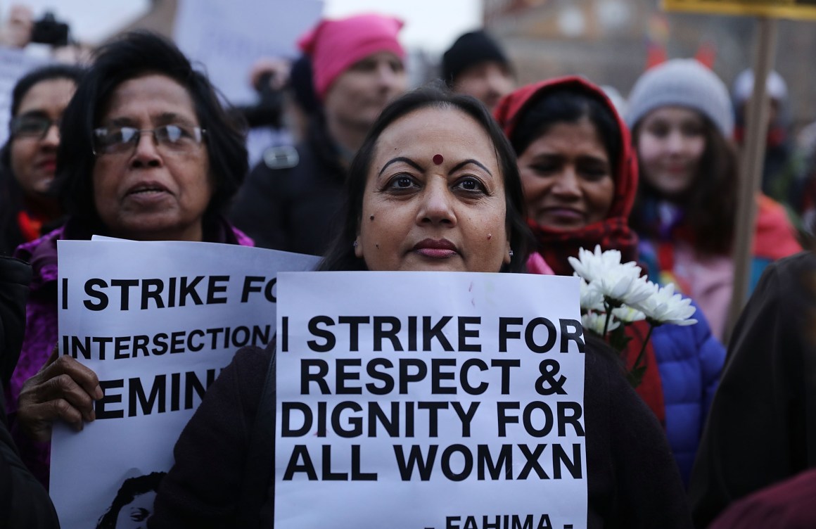 A group of women attend a rally and march in Washington Square Park for international Women's Day on March 8th, 2018, in New York City.