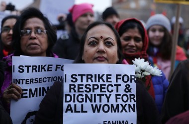 A group of women attend a rally and march in Washington Square Park for international Women's Day on March 8th, 2018, in New York City.