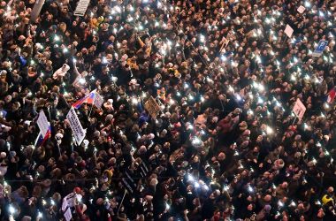 People gather near the Slovak National Uprising square on March 9th, 2018, during a rally against alleged political corruption, where they pay tribute to murdered Slovak journalist Jan Kuciak and his fiancee Martina Kusnirova in Bratislava, Slovakia.