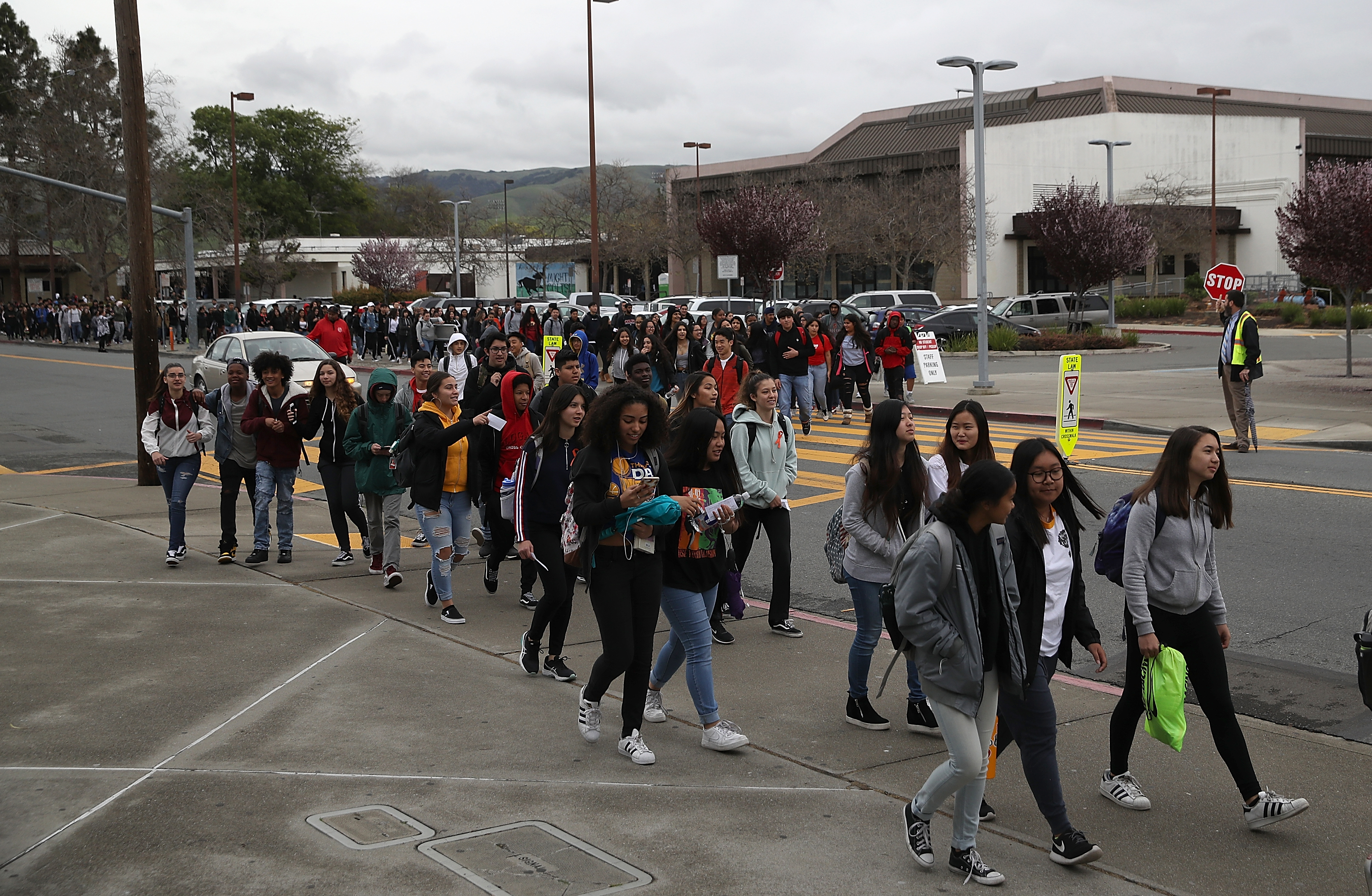 Students in Union City, California, walk out of their classrooms to show solidarity for the 17 killed at Marjory Stoneman Douglas High School.