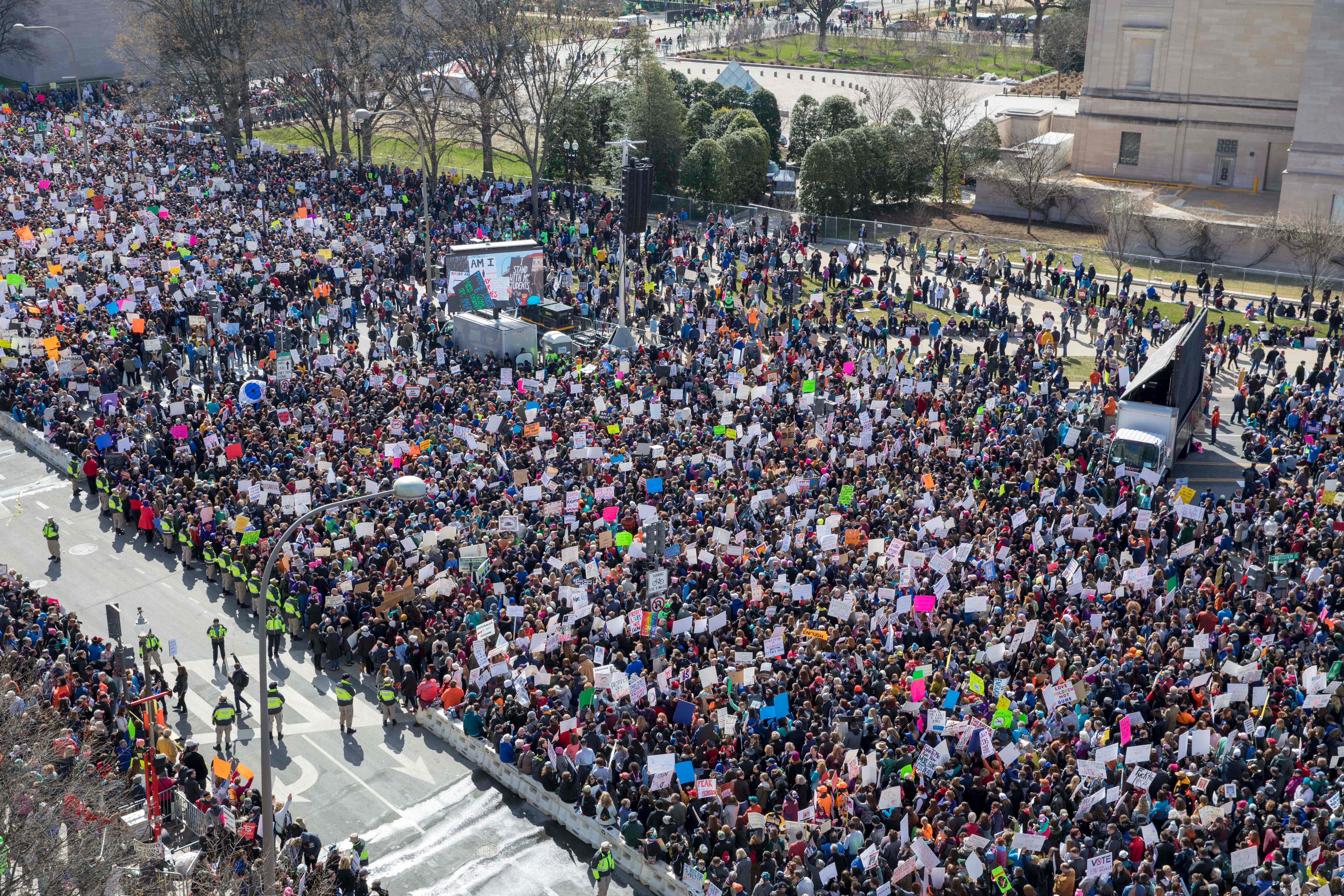 The crowd at the March for Our Lives rally as seen from the roof of the Newseum in Washington, D.C., on March 24th, 2018. Galvanized by a massacre at a Florida high school, hundreds of thousands of Americans are expected to take to the streets in cities across the United States on Saturday in the biggest protest for gun control in a generation.