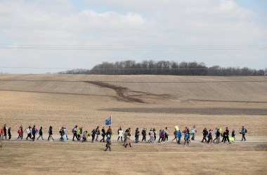 Students march the last leg of a 50-mile journey into the hometown of House Speaker Paul Ryan (R-WI) to call attention to gun violence on March 28th, 2018, in Janesville, Wisconsin. About 40 students from around Wisconsin organized the march, dubbed 50 Miles More, to keep alive the spirit and dialog of the recent March for Our Lives events.