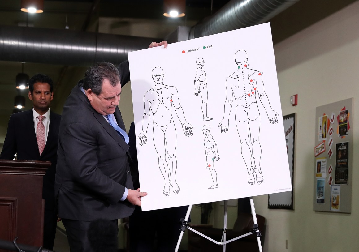 Attorney Brian Panish with image showing gunshot wounds to Stephon Clark in Sacramento, California.