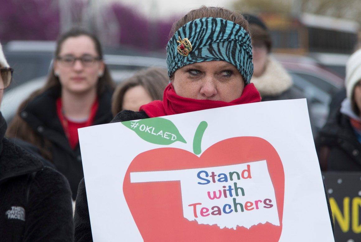 Oklahoma teachers rally at the state capitol on April 2nd, 2018, in Oklahoma City, Oklahoma.