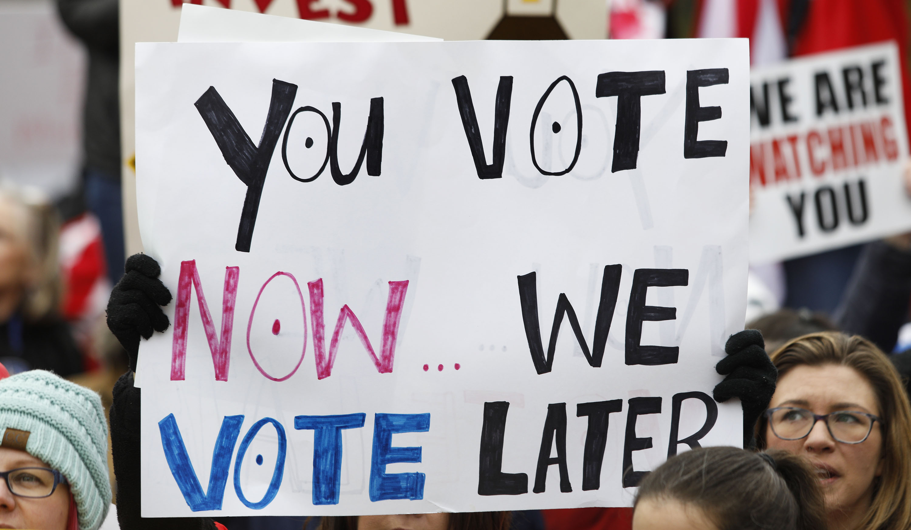 Public school teachers and their supporters protest against a pension reform bill at the Kentucky State Capitol on April 2nd, 2018, in Frankfort, Kentucky. The teachers are calling for higher wages and are demanding that Kentucky Governor Matt Bevin veto a bill that overhauls their pension plan.