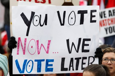 Public school teachers and their supporters protest against a pension reform bill at the Kentucky State Capitol on April 2nd, 2018, in Frankfort, Kentucky. The teachers are calling for higher wages and are demanding that Kentucky Governor Matt Bevin veto a bill that overhauls their pension plan.