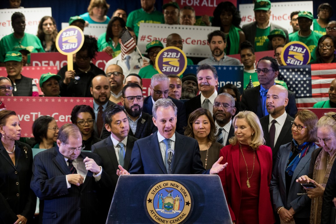 New York Attorney General Eric Schneiderman speaks at a press conference to announce a multi-state lawsuit to block the Trump administration from adding a question about citizenship to the 2020 Census form.