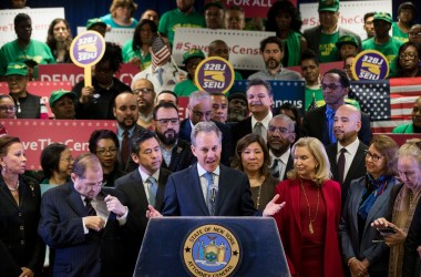 New York Attorney General Eric Schneiderman speaks at a press conference to announce a multi-state lawsuit to block the Trump administration from adding a question about citizenship to the 2020 Census form.