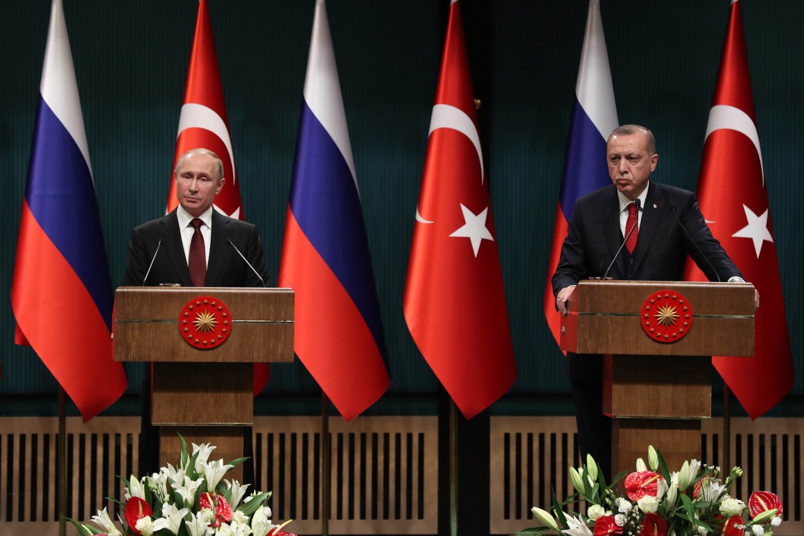 Russian President Vladimir Putin and Turkish President Recep Tayyip Erdogan hold a joint press conference after their meeting at the Presidential Complex in Ankara, on April 3rd, 2018. Putin launched the construction of Turkey's first nuclear power station and vowed to accelerate the delivery of air defense systems to Ankara in a new tightening of an increasingly close alliance that has alarmed the North Atlantic Treaty Organization.