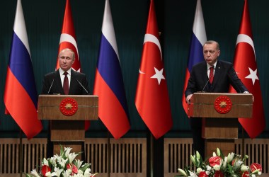 Russian President Vladimir Putin and Turkish President Recep Tayyip Erdogan hold a joint press conference after their meeting at the Presidential Complex in Ankara, on April 3rd, 2018. Putin launched the construction of Turkey's first nuclear power station and vowed to accelerate the delivery of air defense systems to Ankara in a new tightening of an increasingly close alliance that has alarmed the North Atlantic Treaty Organization.