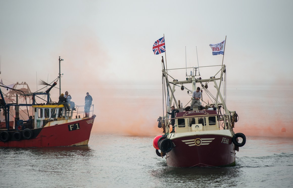 Flares are fired and a flotilla of boats head out of Whitstable Harbour as fishermen take part in a nationwide protest on April 8th, 2018, against the Brexit deal in Whitstable, England.