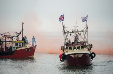 Flares are fired and a flotilla of boats head out of Whitstable Harbour as fishermen take part in a nationwide protest on April 8th, 2018, against the Brexit deal in Whitstable, England.