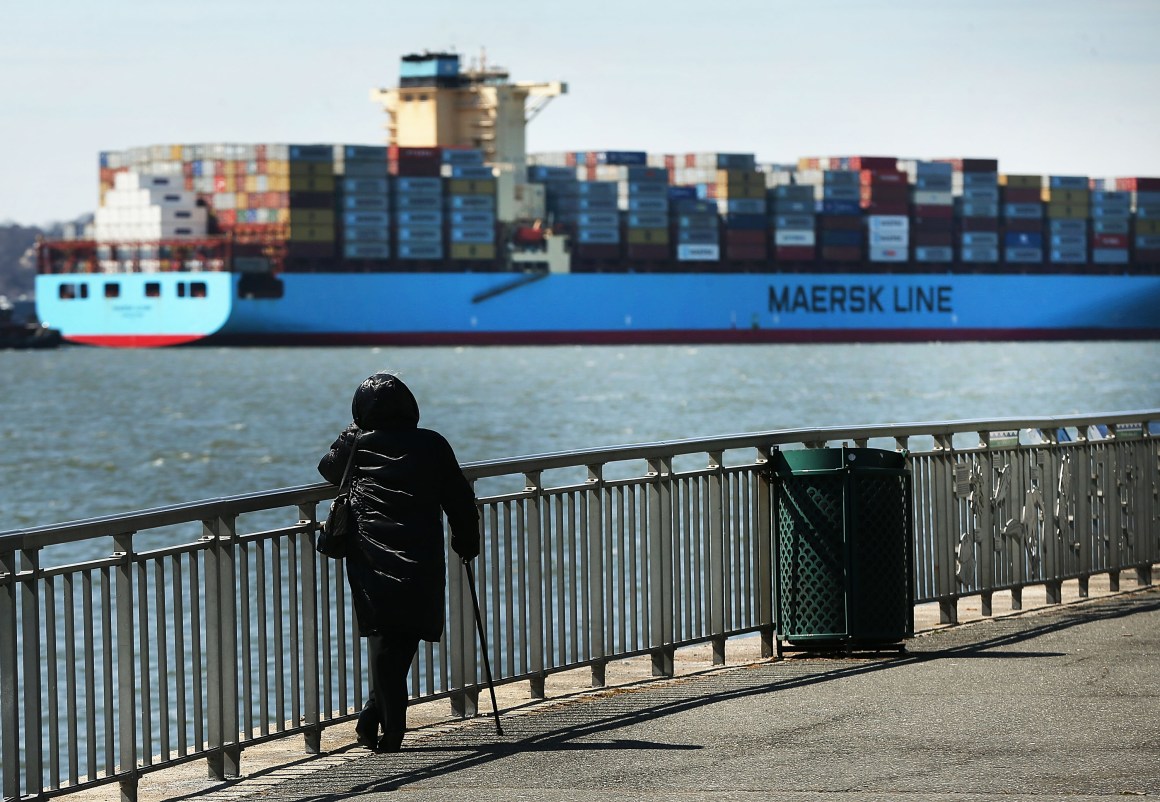 A Maersk cargo ship arrives in New York harbor on April 9th, 2018, in New York City.