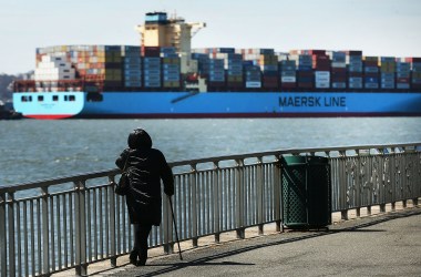 A Maersk cargo ship arrives in New York harbor on April 9th, 2018, in New York City.