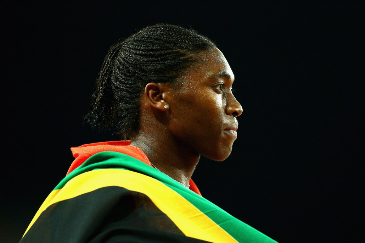 Caster Semenya of South Africa celebrates after winning gold in the Women's 800 meters.