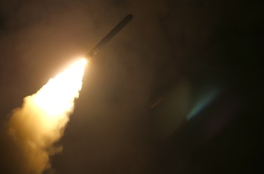 In this handout released by the U.S. Navy, the guided-missile cruiser USS Monterey (CG 61) fires a Tomahawk land attack missile at Syria as part of an allied strike on April 13th, 2018.